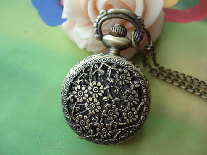 Small Antique Bronze Vintage Filigree Lots of Small Flowers Branch Round Pocket Watch Locket Necklaces with Chains