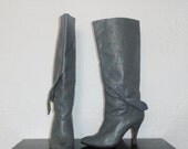 SALE Vintage Boots 80s Gray Bow Knee High Boots High Heel Boots Size 8 - 8.5