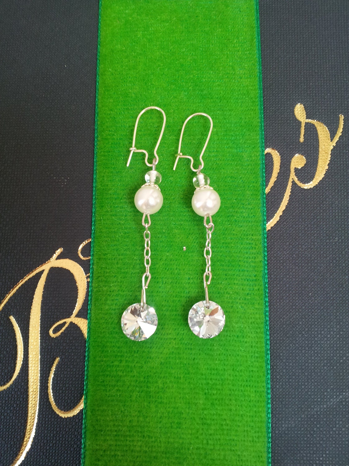 Pearl and Clear Bead Earrings with Chain and Rhinestones- "Becca"
