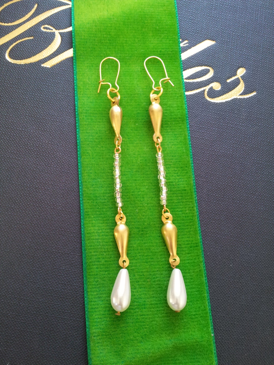 Gold and Pearl Lotus Bud Linear Earrings- "Lena"
