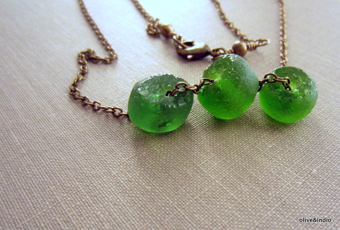 Frosted Moss Sea Glass Trio Necklace