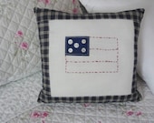 Americana Flag Pillow with Dark Blue Plaid and Embroidered Flag Home Decor