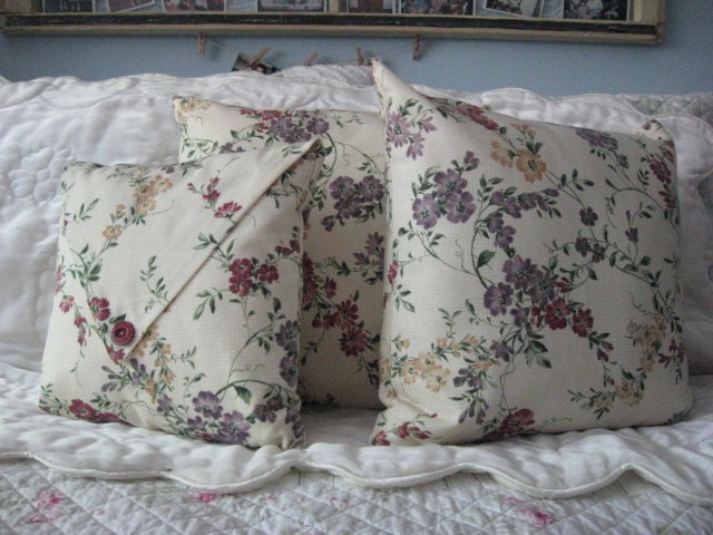 Set of 3 Decorator Pillows of Muted Tan Check Fabric with Gold Burgundy and Purple Flowers Home Decor