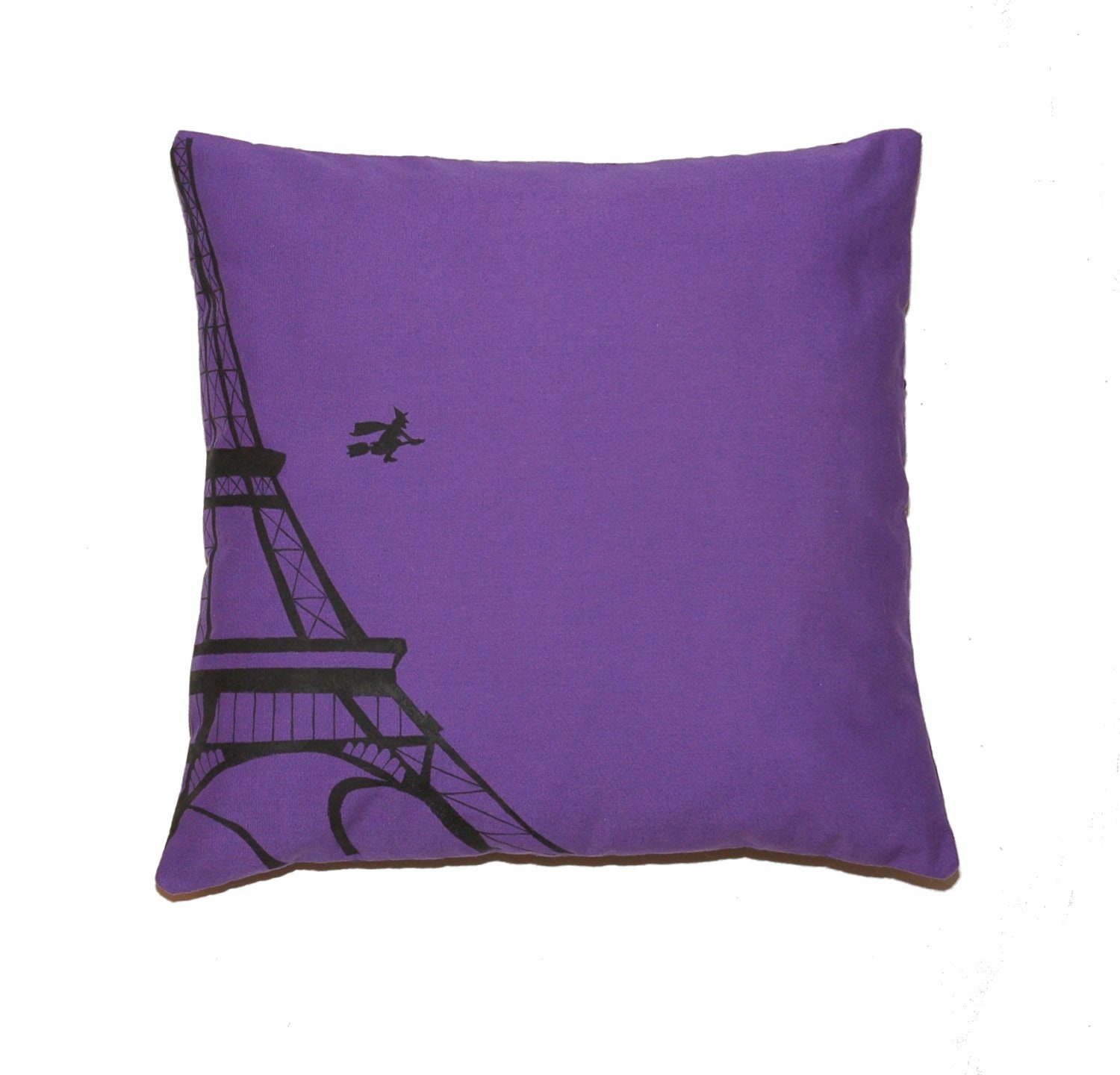 A Witch Leaving the Paris Eiffel Tower - Halloween Black and Violet Printed Cushion Pillow Cover