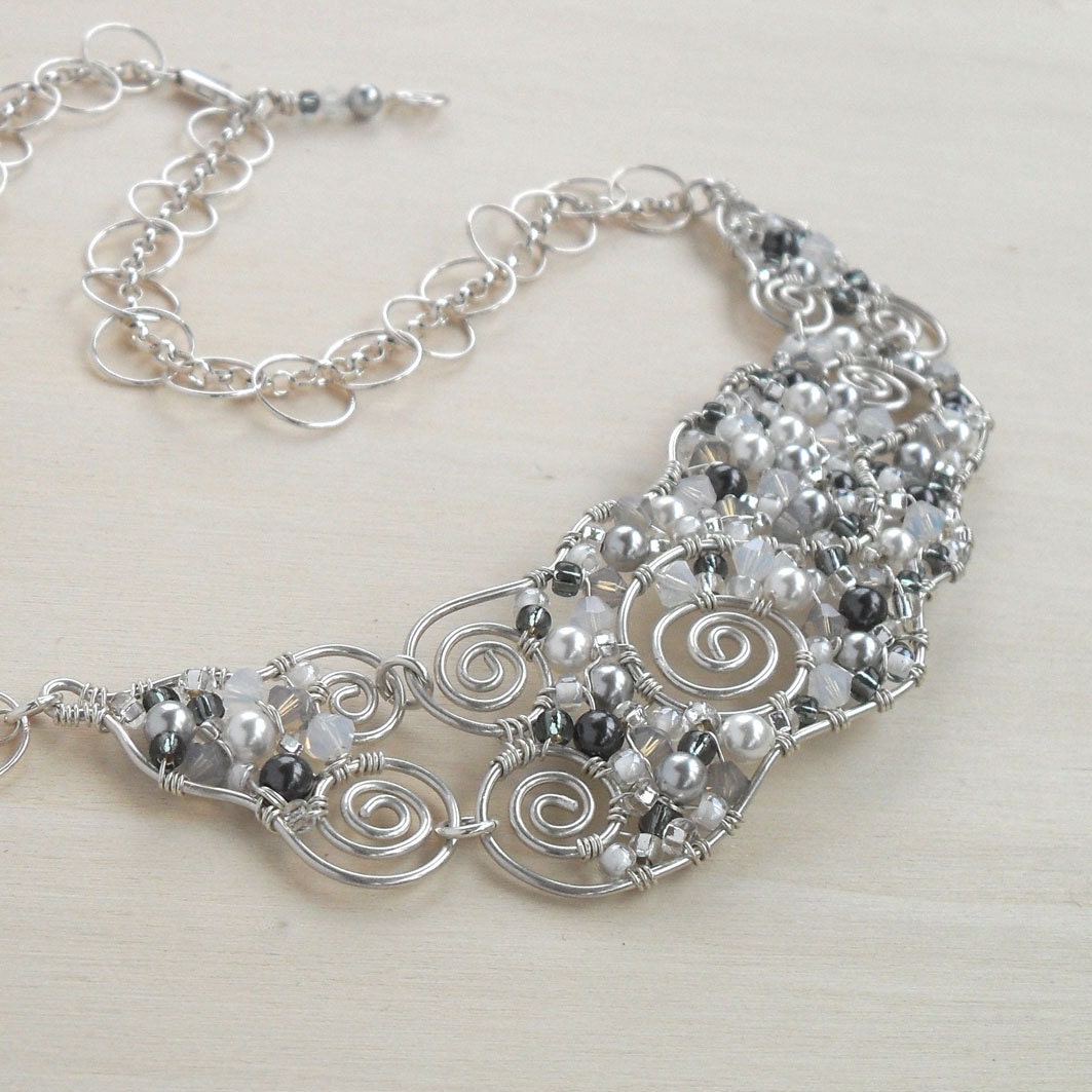 Sterling Silver Swirl Choker Bib Necklace Wedding Swarovski Crystal Beads Pearls Wire Wrapped Bridal Jewelry Handmade Grey Gray White Opal