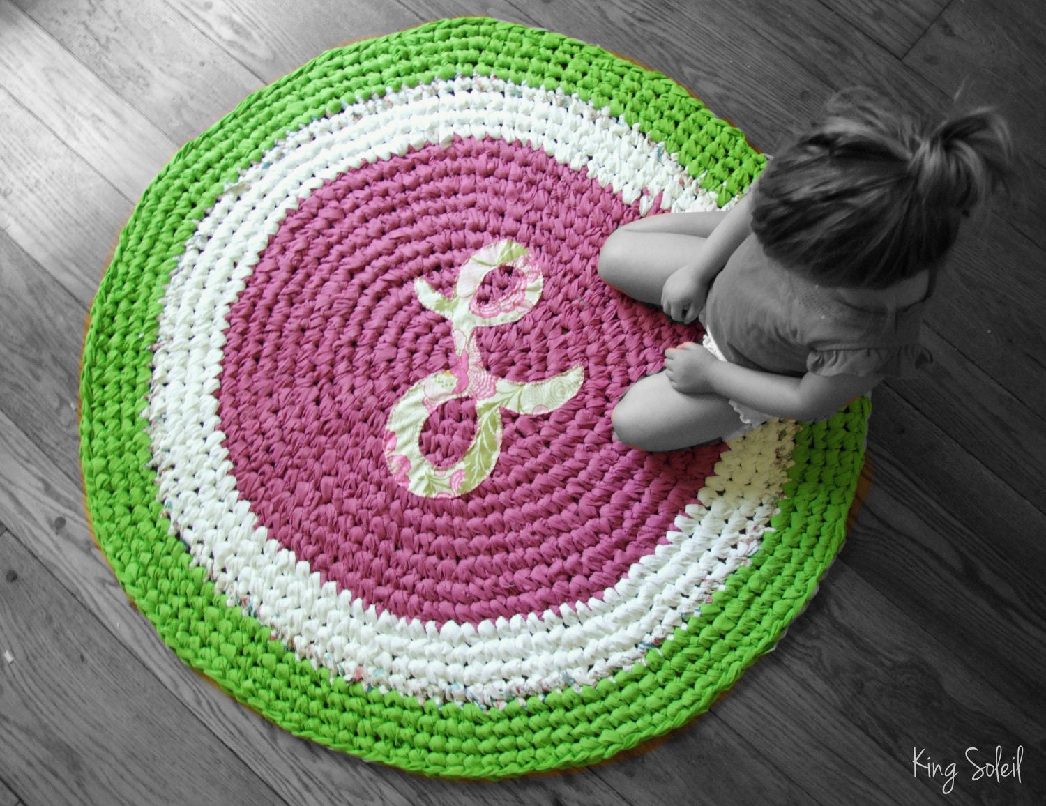 Crochet Monogram Rug Custom Initial and Colors Pink Raspberry, White, and Lime Green Cotton Handmade Nursery Rug