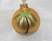 Palm Tree Beach Glitter Gold Ornament - Personalized Beach and Palm Tree Vacation Memory - Unique Gold Glass Christmas Ornament