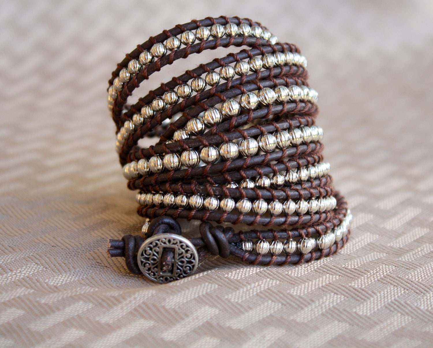 Leather Cuff Wrap Bracelet, Brown Leather, Silver - six to seven wraps around