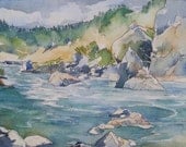 River Time - original watercolor river rocks, turquoise water and rapids
