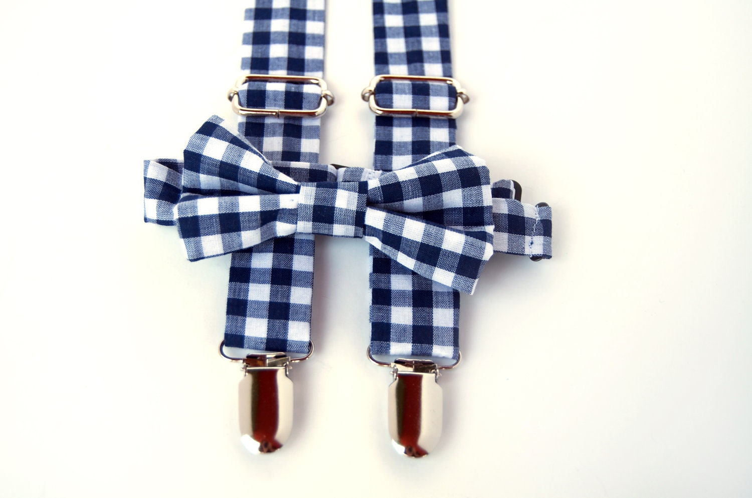 Navy Gingham Bow Tie & Suspenders Set - Blue Gingham - Baby Toddler Child Boys  - Wedding