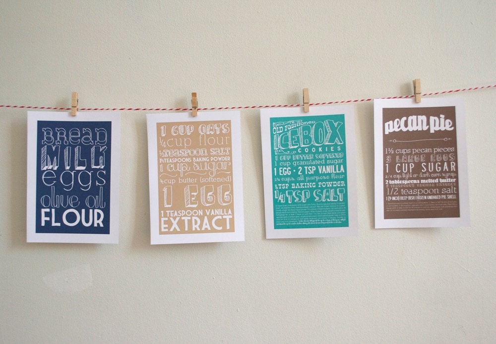 Set of Four 5x7 Kitchen Art Prints of Classic Recipes with Handlettering