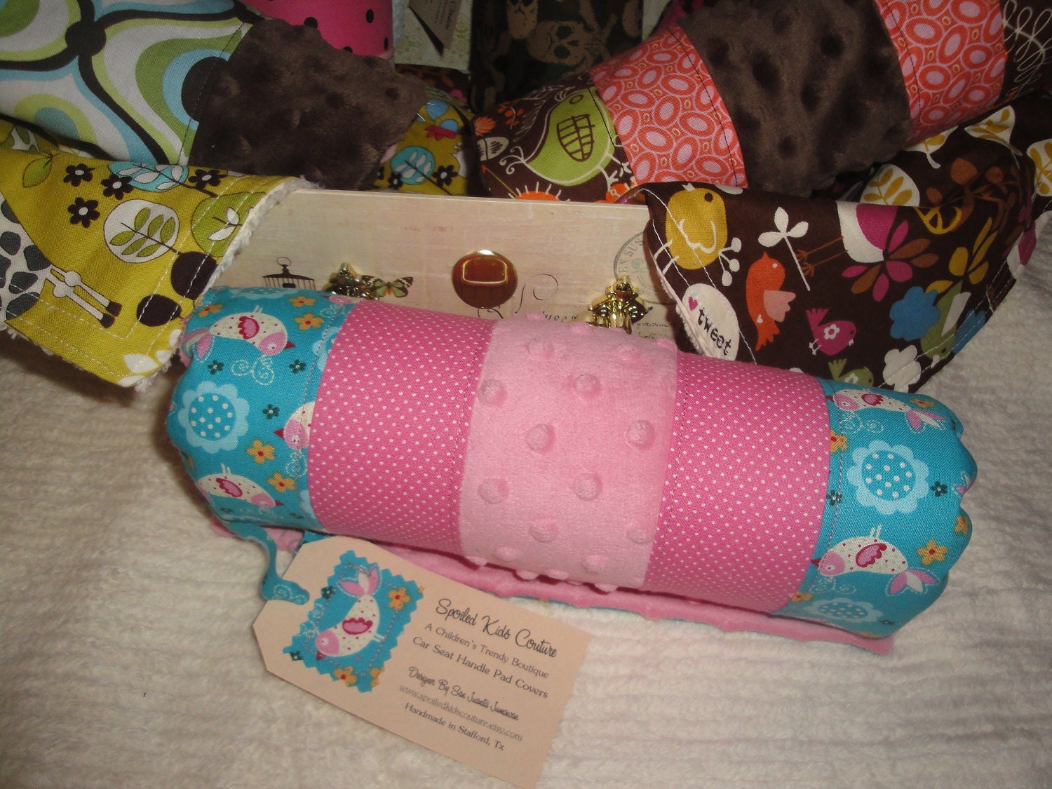 Reversible  Arm Pad Handle Cover - Red Polka Dots Birdies with  Pink Minky
