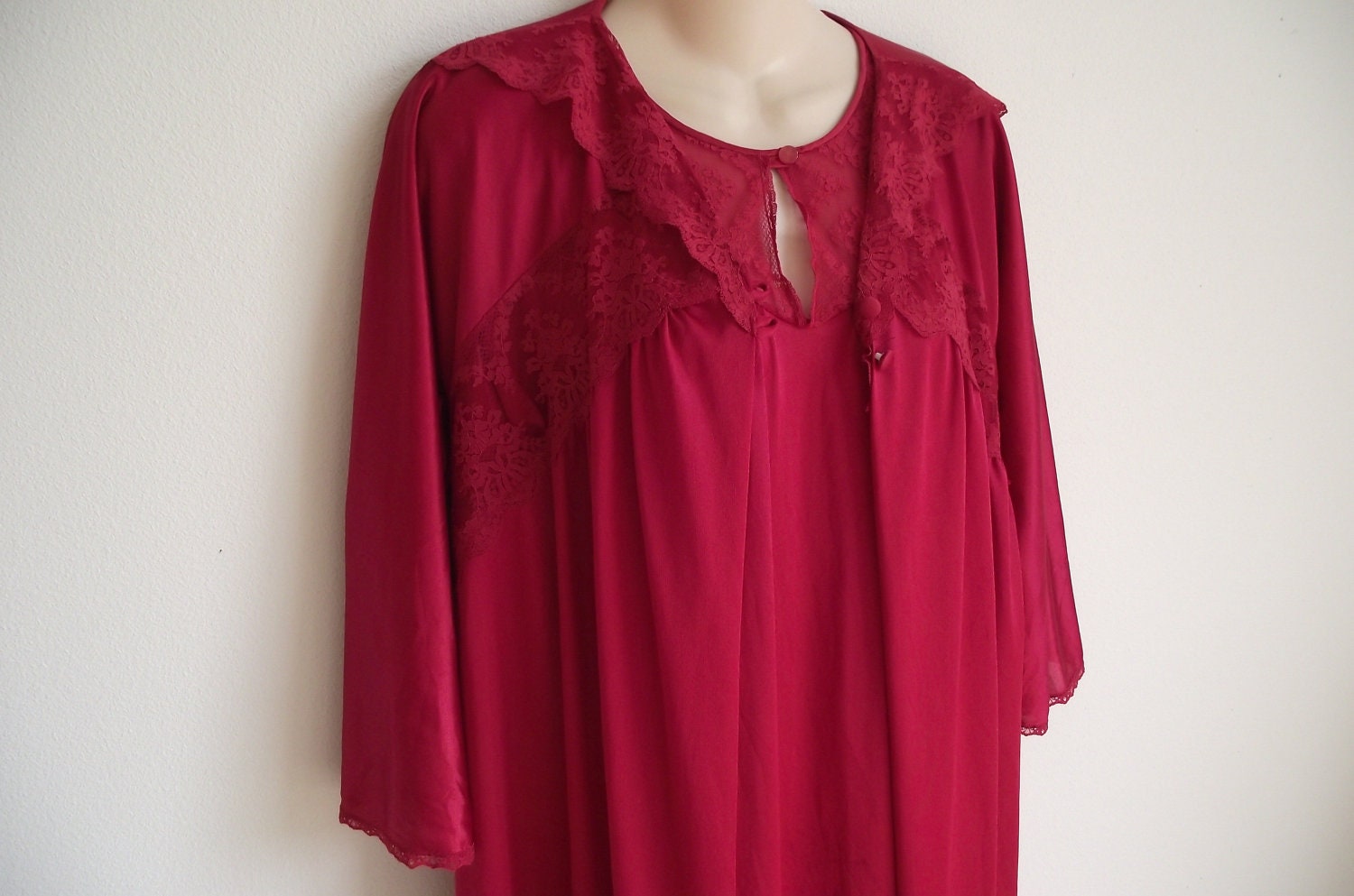 Vintage Peignoir nightgown robe set christmas red nylon lingerie S M