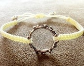 Macramé bracelet - cream cord with antiqued silver-tone bubble circle connector