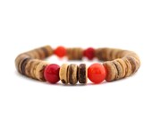 coconut wood bracelet gemstone beaded stretch bracelet bright pink and orange citrus stacking bracelet