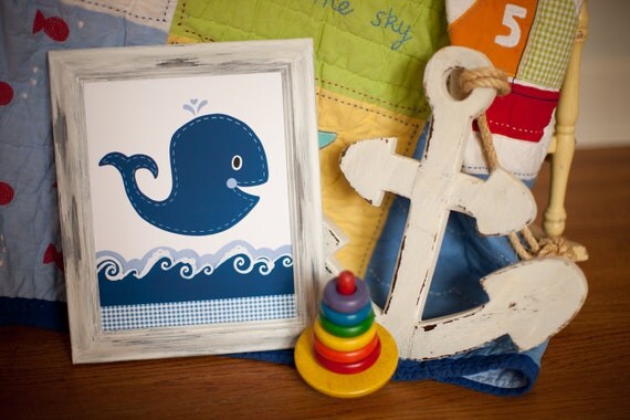 Whale Nautical Nursery, Pottery Barn Jackson, Ocean Bathroom decor, Navy Kids Wall Art Print, "Blue Beluga" Baby Decor