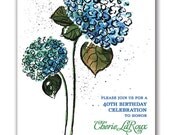 40th Birthday Party Invitation Modern Watercolor Blue Hydrangea Flowers Minimal 30th 50th DIY Printable or Printed - Cherie Style