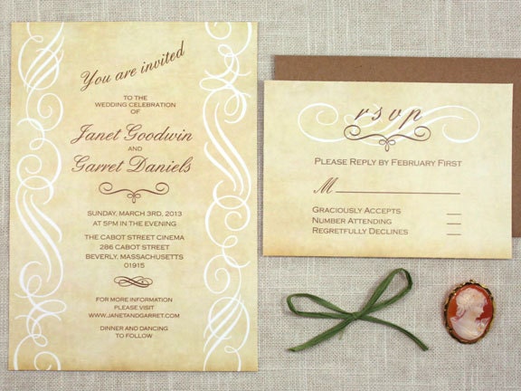 Vintage Scroll Wedding Invitation, Rustic Old Style, Kraft Paper, Modern Ornament Dingbat Design