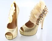 Handmade Light gold Super high heels crystal and feather shoes