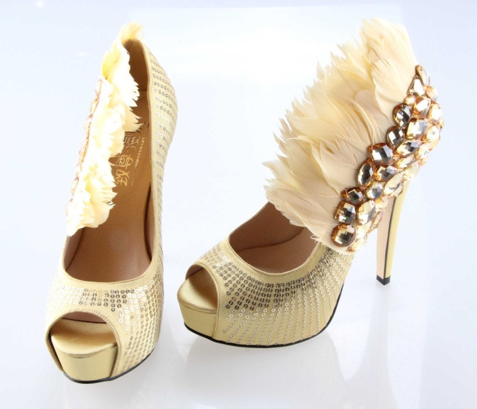 ... Handmade Light gold Super high heels crystal and feather shoes on Etsy