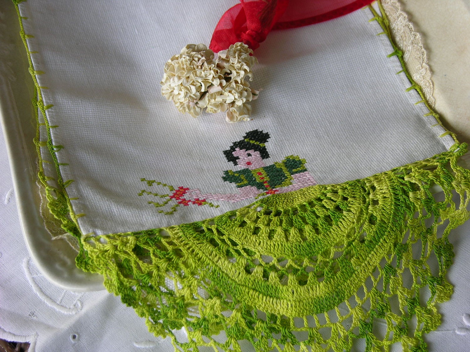 Pair of Crochet Arm Chair Covers in a Beautiful Matching Embroidery of a Women Catching or Picking Flowers