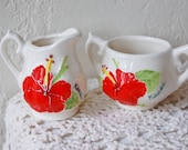 Vintage Mini Creamer and Sugar Bowl Collectible Kauai Red Hibiscus