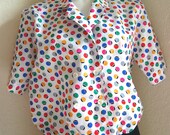 Vintage Bright 1980s Circle Top Blouse Short Sleeves Padded Shoulders Size 6