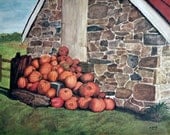 8x10 Lithograph - Landscape Art - Watercolor Print - Pumpkins - Orange - Fall - Stone building