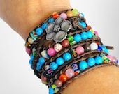 Turquoise Multicolor Beaded Leather Wrap Bracelet - Chan Luu inspired leather wrap - 5 wrap leather bracelet on Brown Leather Flower button