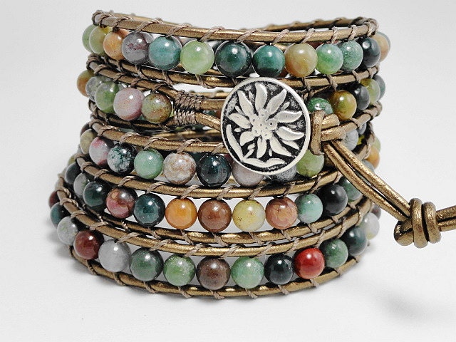 Jasper Leather Wrap Bracelet - Multicolor gemstone beaded wrap bracelet - Chan Luu inspired leather wrap bracelet - boho chic jewelry