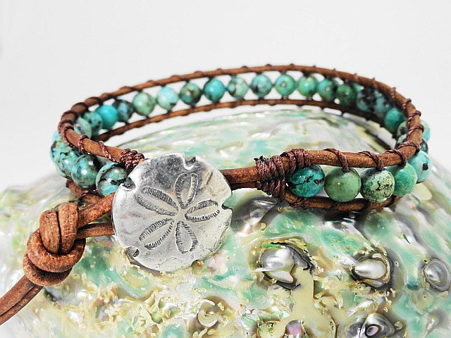Mothers Day Gift Turquoise Leather wrap bracelet - Sand dollar beach jewelry - boho beachy sea green bracelet sea shore boho chic