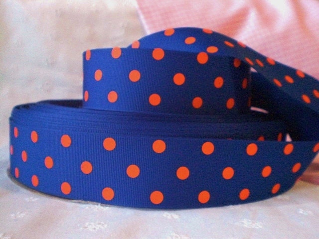 Grosgrain Ribbon 1.5" Polka Dots Royal with Orange 1 Yard Florida Gators Auburn Univ