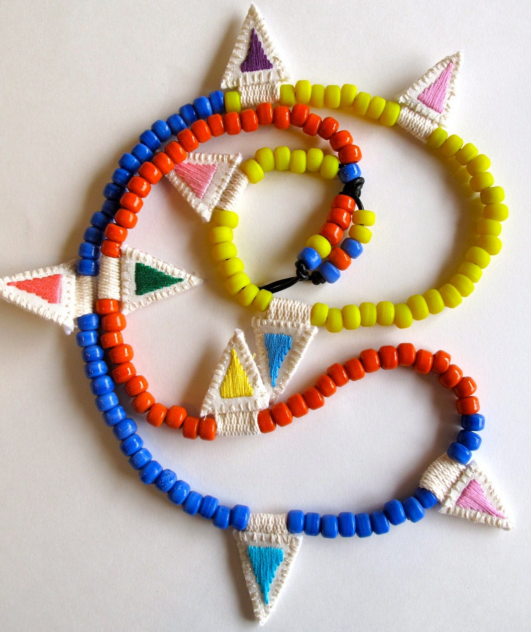 Colorblock necklace embroidered triangles with Native American trade beads tribal modern jewelry