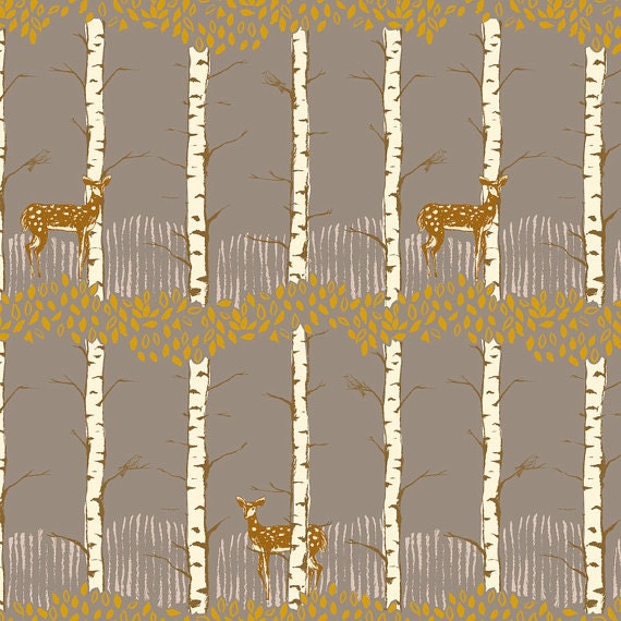 Sarah Watts Timber & Leaf Fawn in Birch Grey - Half Yard