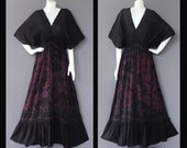 D0178-Hippie Gypsy Bohemian Black Purple Tie Dye Cotton Kimono Maxi Dress