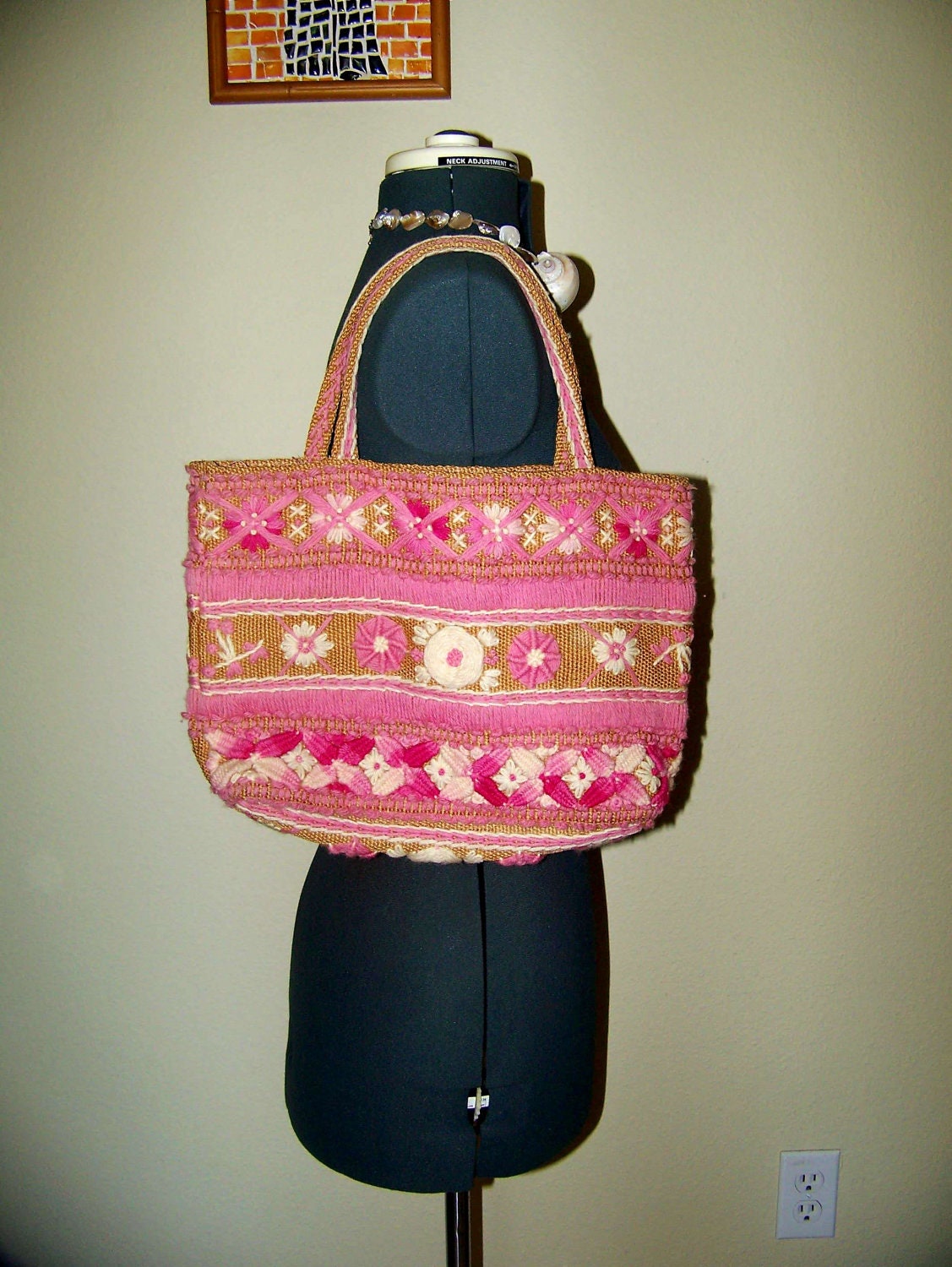 Straw Bag Purse Vintage Yarn Embroidery Tropical Woven Hand Made Flowers Summer Pink White Tote Floral What the Funk on Etsy