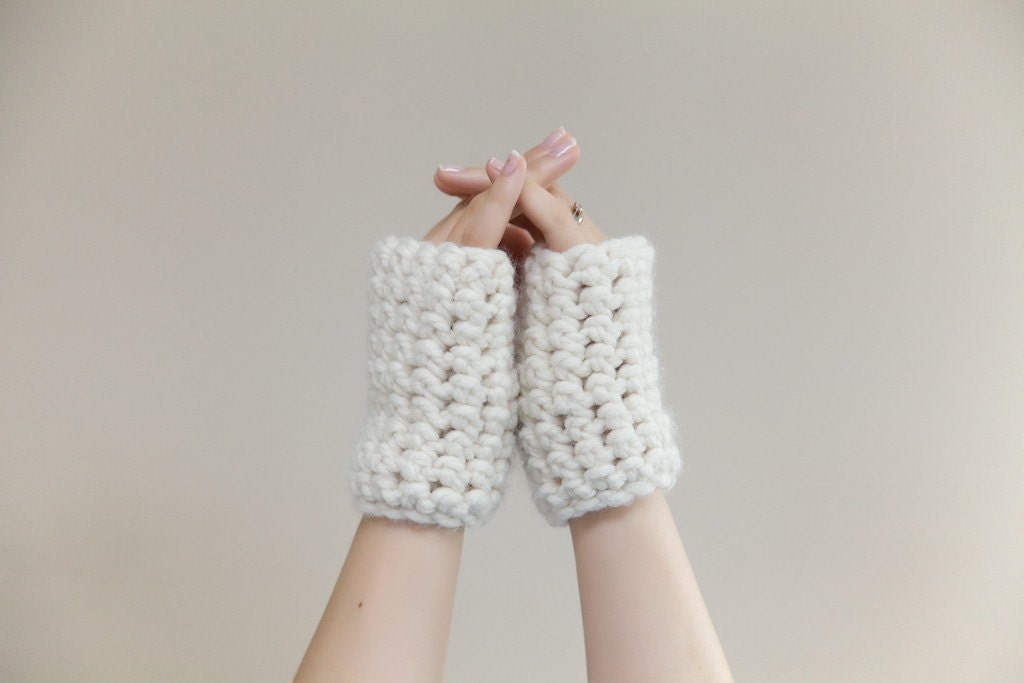 Chunky Crochet Wrist Warmers - fingerless mittens in cream