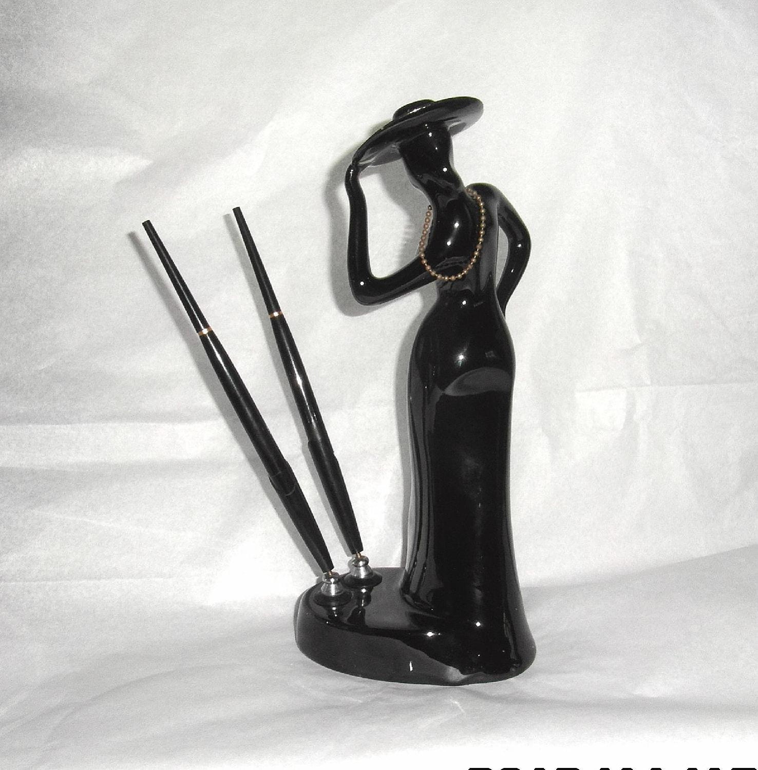 Black ceramic lady pen holder. Art Deco style by lizzylovesvintage