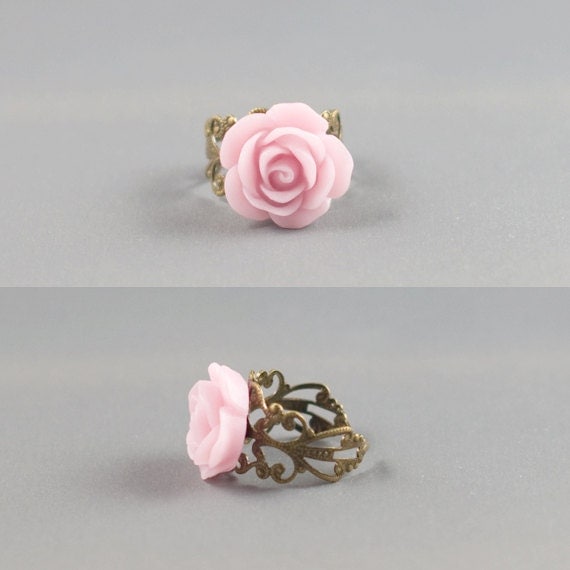 Flower Ring, Rose, Wearable Art, Rose Jewelry, Adjustable Ring, Antique Bronze Ring, Pale Pink Flower
