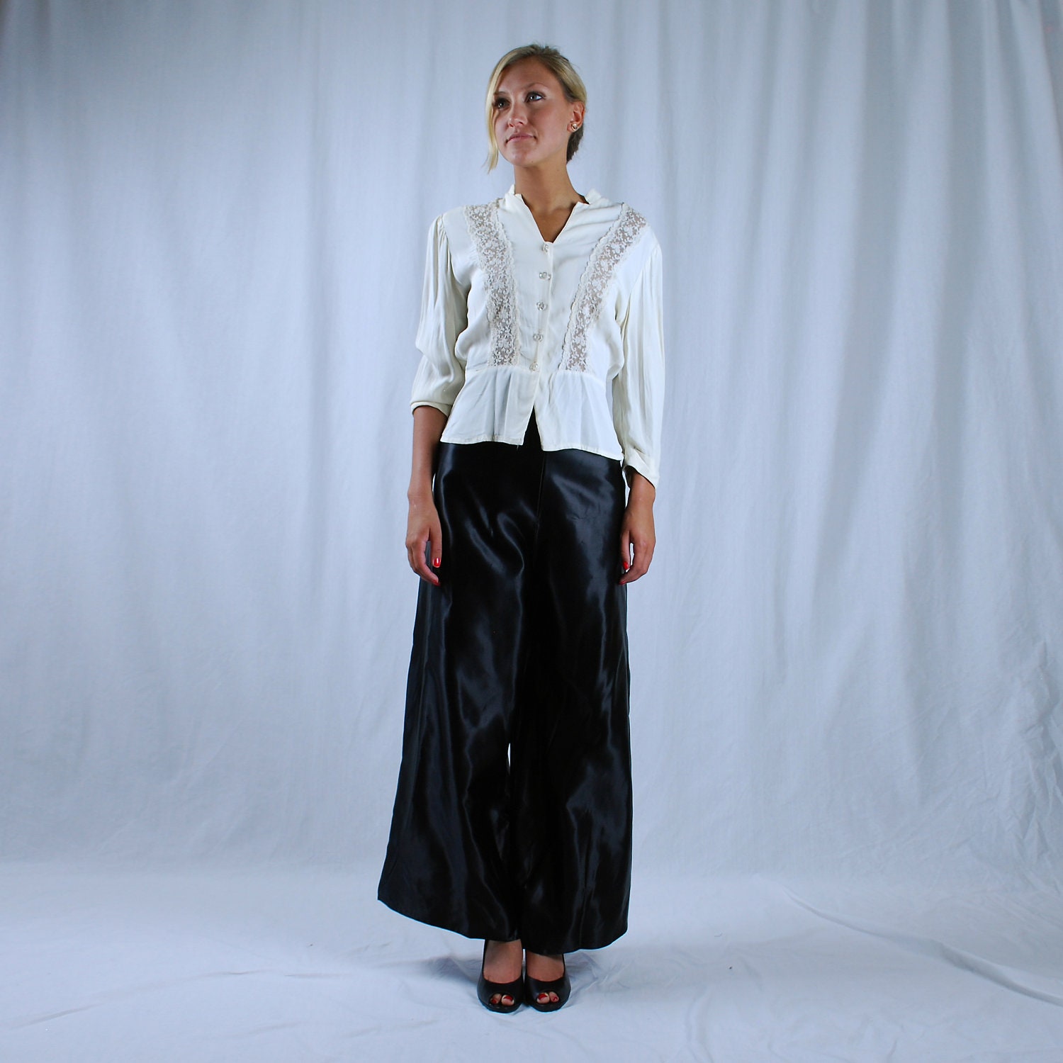 1940s Black Palazzo Pants, Womens Vintage Wide Leg Dress Trousers