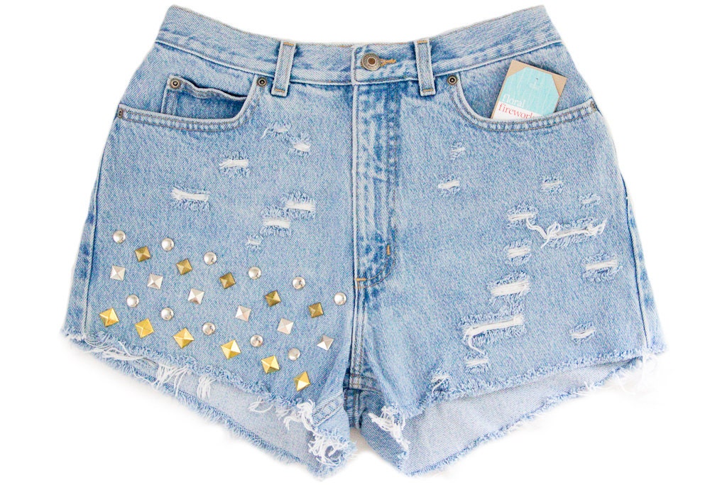 Studded Shorts Vintage Distressed High Waisted Blue Denim Hipster Aztec Tribal Coachella Boho Hippie Upcycled Small Medium W28