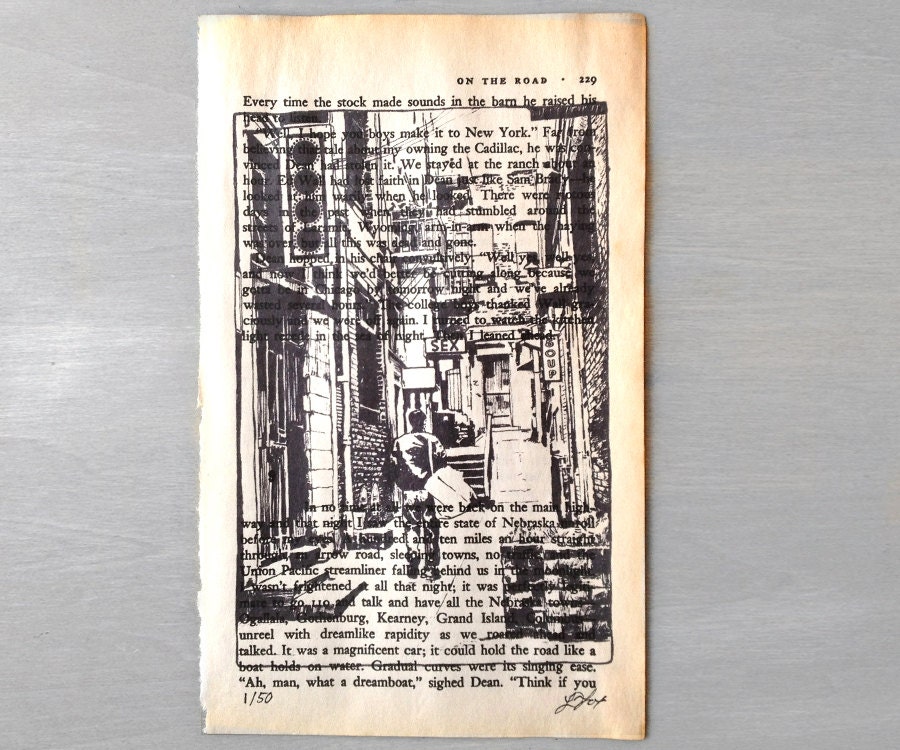Cityscape Book Print Fine Art Giclee - Vintage Book Page Art from On the Road by Jack Kerouac