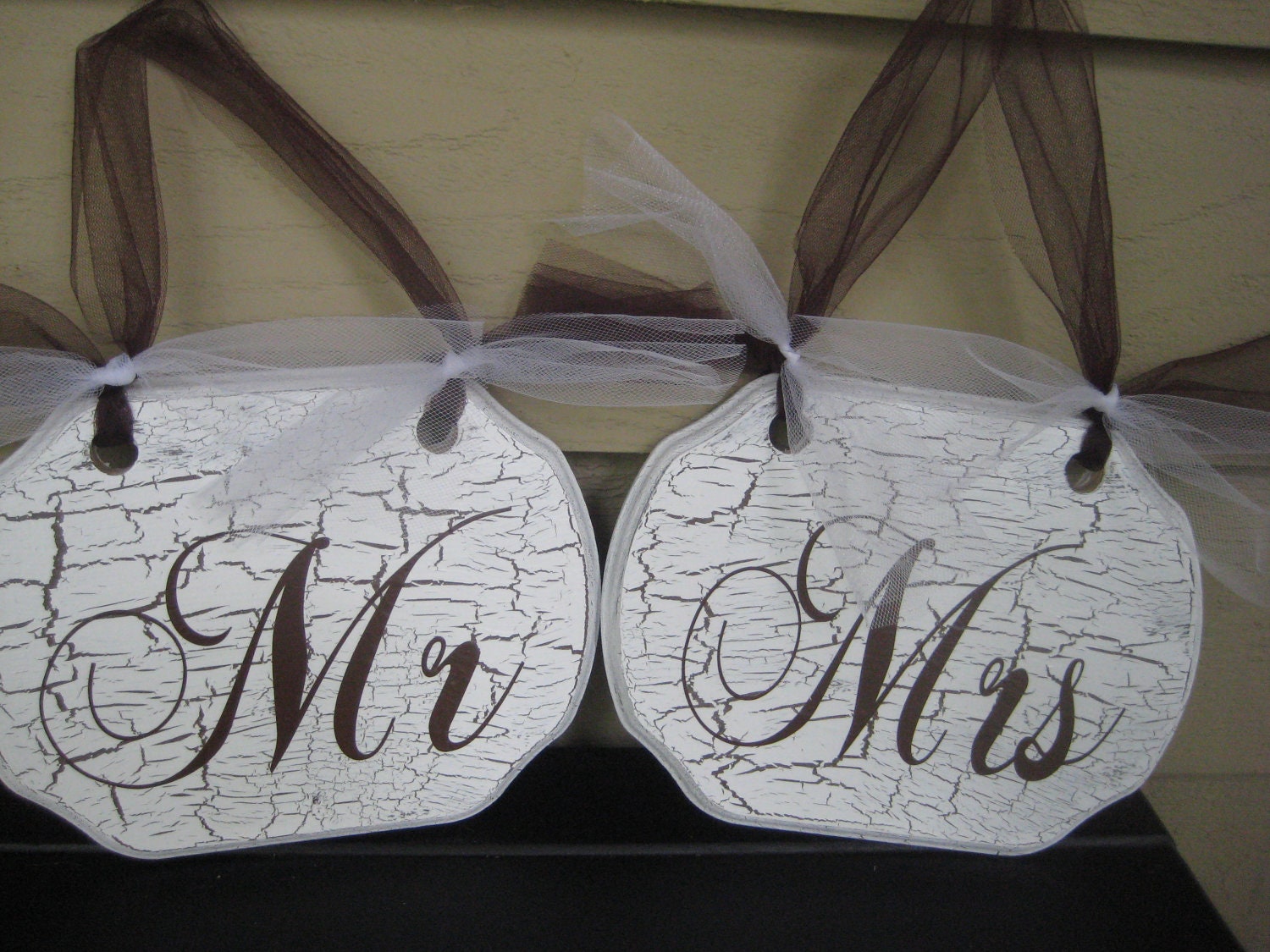 Mr. and Mrs. Wedding Chair Signs Decor White Vintage Finish Brown