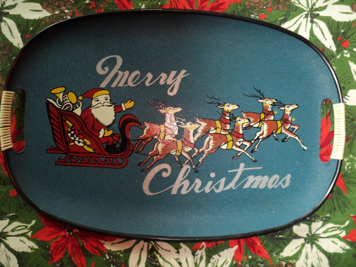 Items similar to Vintage TEAL CHRISTMAS PLATTER portraying Santa In