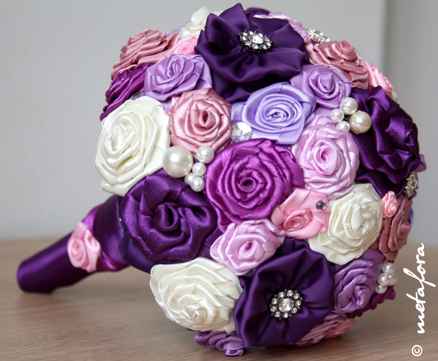 Purple Fabric Wedding Bouquet, Unique Fabric Flower Bridal Bouquet