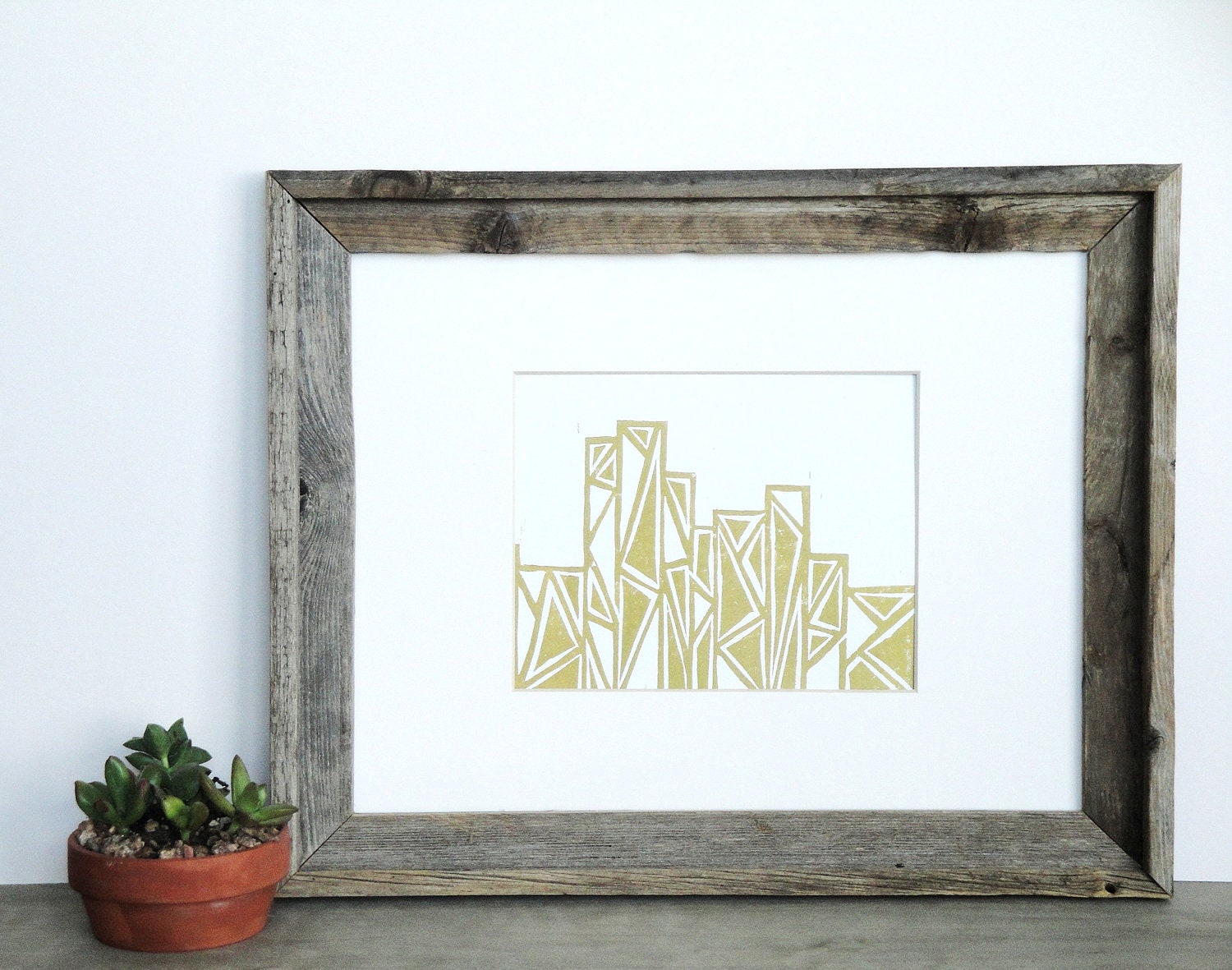 SALE Geometric Tribal City Abstract Illustration Art Block Print 8 x 10 Home Decor / Gold, Silver / Hand Pulled Linocut