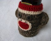 Rustic Brown Sock Monkey Beer, Water, or Soda Bottle Cozy Koozie