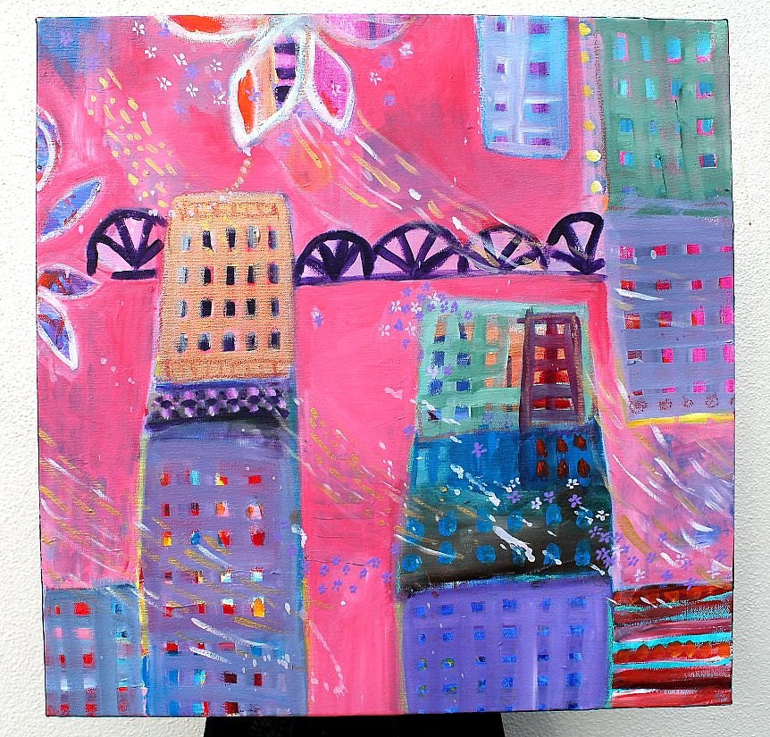 Original Whimsical Wall Hanging Cityscape Painting Child's Room Decor  "Spring Rain"