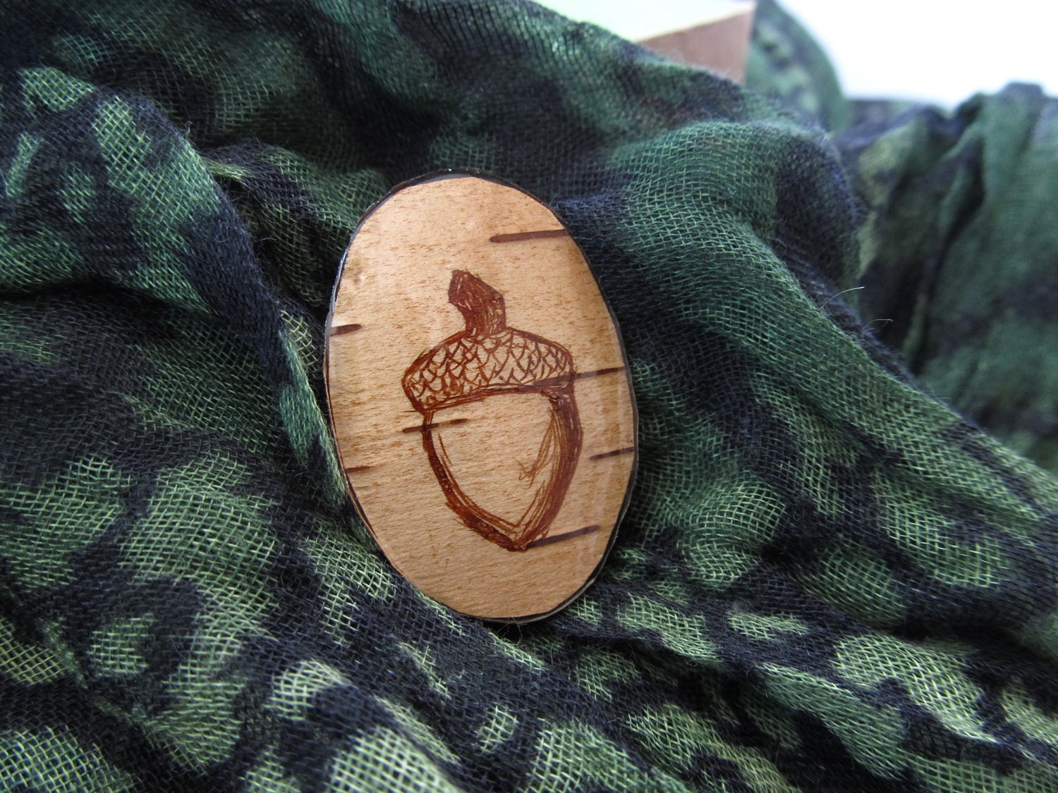 Acorn Wood Brooch, Natural Birch Bark