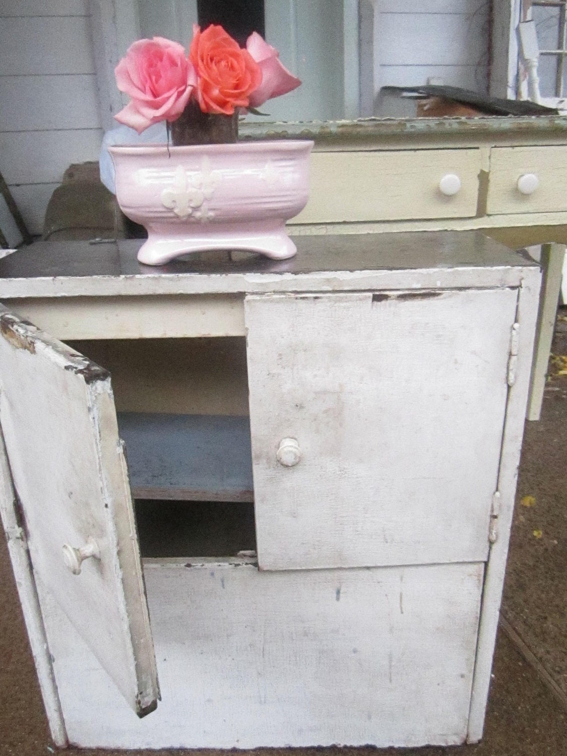 French metal chippy white cupboard  shabby chic cottage prairie